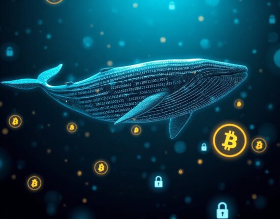 Digital whale symbolizing a crypto investor, surrounded by blockchain networks and security icons, illustrating a major hack.