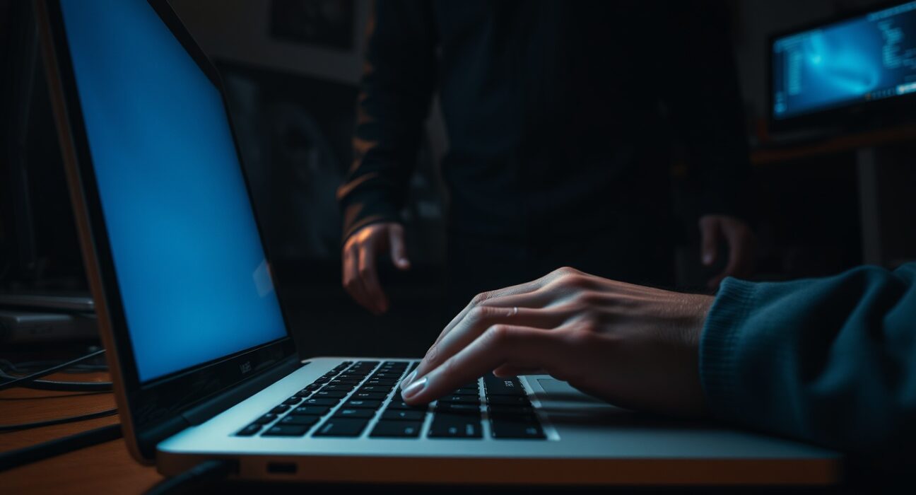 A person typing on a laptop in a dimly lit room with a shadowy figure standing behind them, representing a physical threat during a crypto theft.