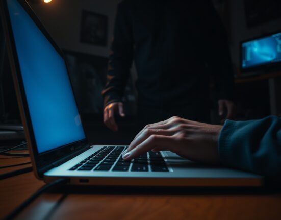 A person typing on a laptop in a dimly lit room with a shadowy figure standing behind them, representing a physical threat during a crypto theft.