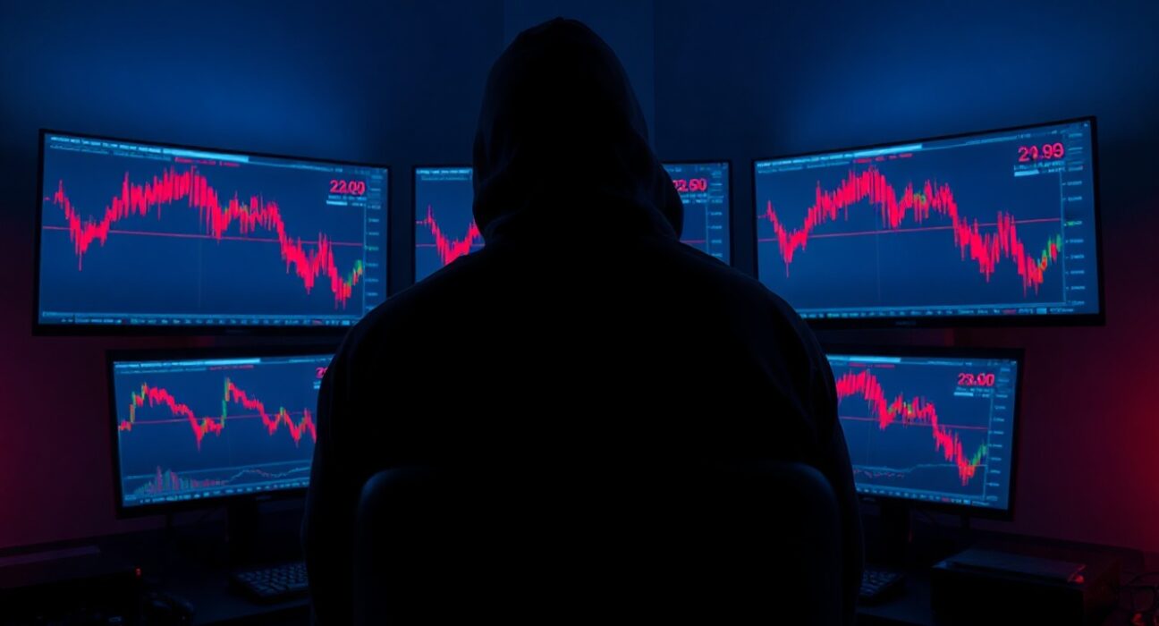 Anonymous trader silhouette in front of screens showing crypto losses