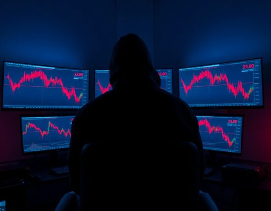 Anonymous trader silhouette in front of screens showing crypto losses