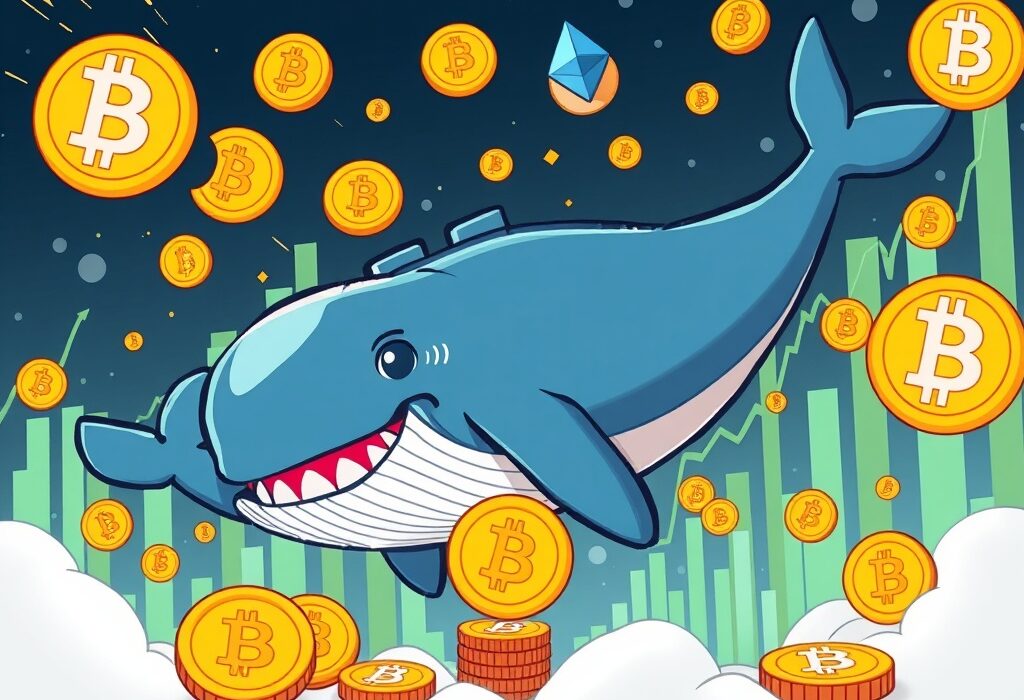 A cartoon whale making massive crypto whale positions in Bitcoin and Ethereum on a trading platform.