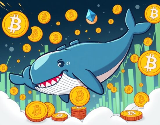 A cartoon whale making massive crypto whale positions in Bitcoin and Ethereum on a trading platform.