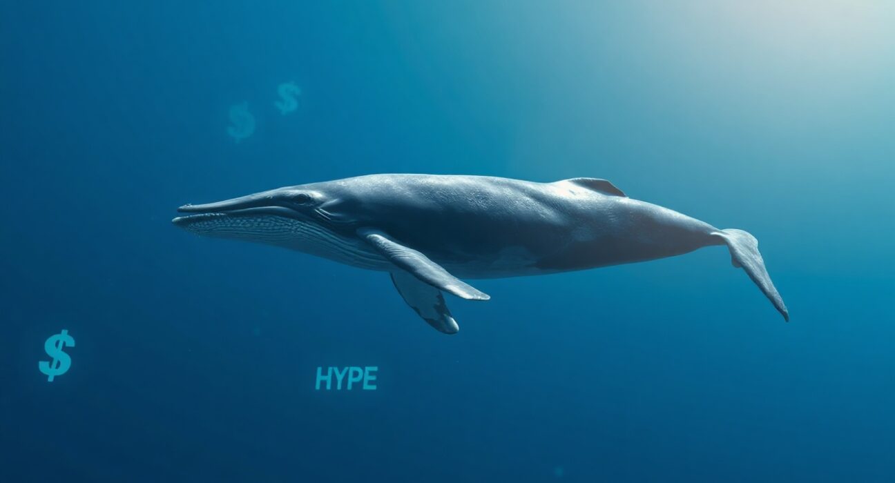 A humpback whale swimming in a digital ocean with crypto symbols, representing a profitable crypto whale trade.