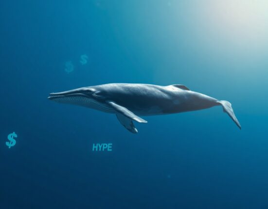 A humpback whale swimming in a digital ocean with crypto symbols, representing a profitable crypto whale trade.