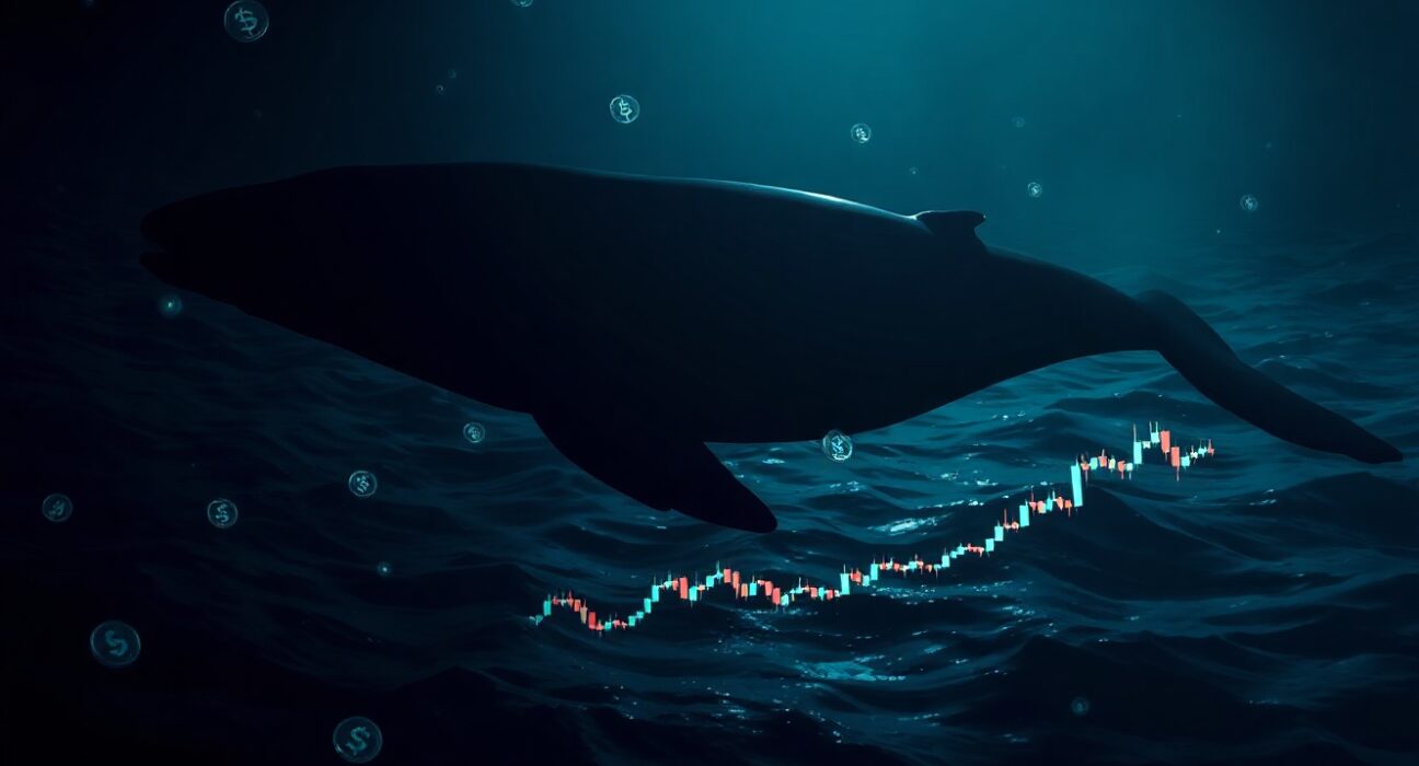 Silhouette of a whale swimming through a sea of digital coins and candlestick charts, representing a large cryptocurrency trade.