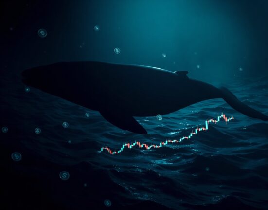Silhouette of a whale swimming through a sea of digital coins and candlestick charts, representing a large cryptocurrency trade.