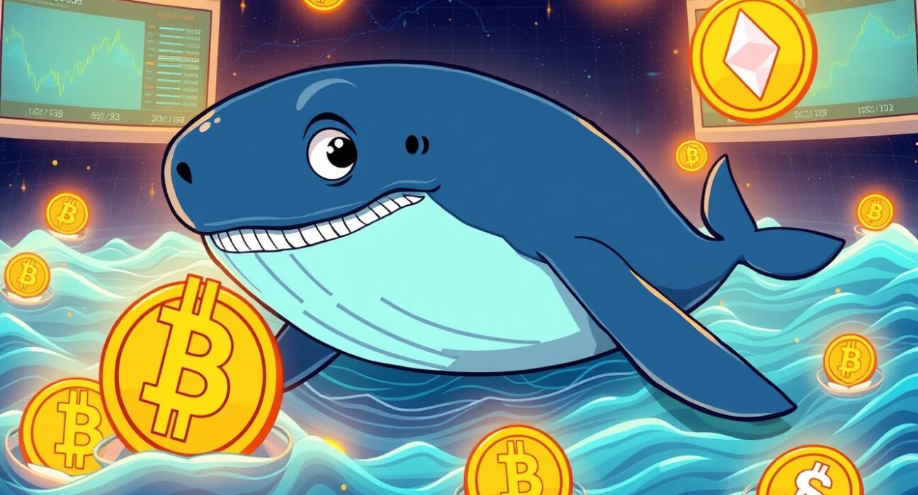 A cartoon whale confidently navigating digital crypto markets, symbolizing strategic crypto whale trades with Bitcoin and Ethereum long positions.