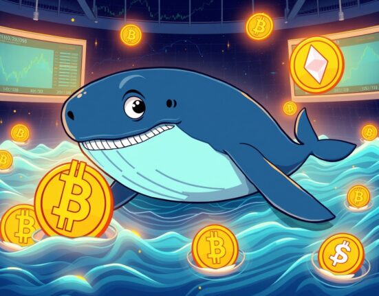 A cartoon whale confidently navigating digital crypto markets, symbolizing strategic crypto whale trades with Bitcoin and Ethereum long positions.
