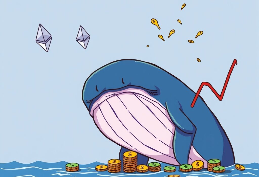 Cartoon illustration of a crypto whale experiencing significant trading losses and the vanishing of wealth.