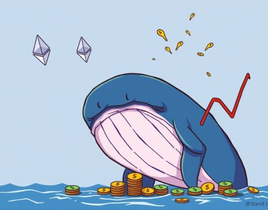 Cartoon illustration of a crypto whale experiencing significant trading losses and the vanishing of wealth.