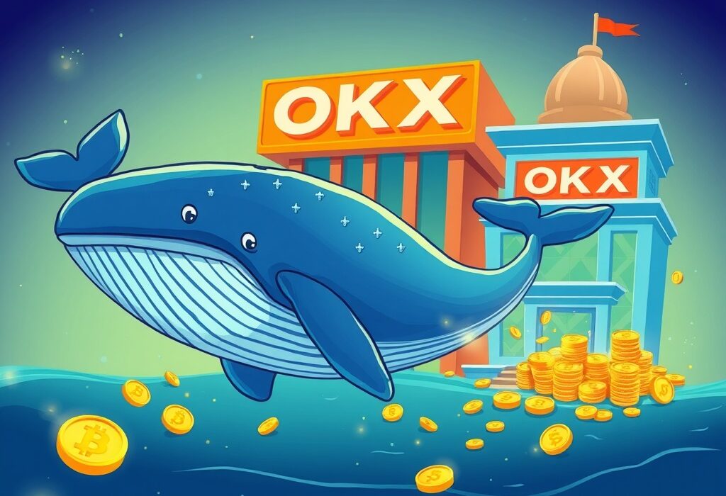 A cartoon illustration of a massive crypto whale swimming towards a crypto exchange, symbolizing a large USDT transfer and its market impact.