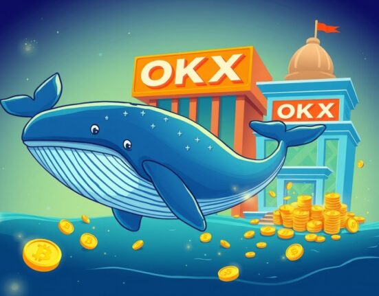 A cartoon illustration of a massive crypto whale swimming towards a crypto exchange, symbolizing a large USDT transfer and its market impact.
