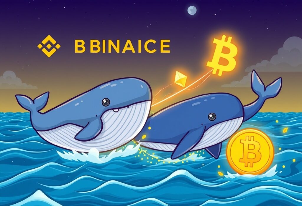 Cartoon illustration depicting crypto whale withdrawals of Ethereum and Bitcoin from an exchange, symbolizing significant market movement.