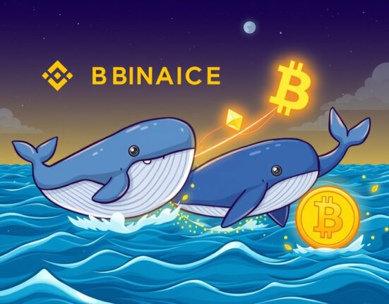 Cartoon illustration depicting crypto whale withdrawals of Ethereum and Bitcoin from an exchange, symbolizing significant market movement.