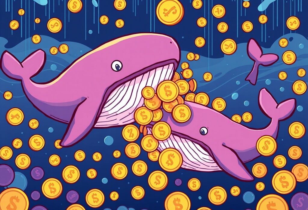Cartoon whales accumulating large amounts of XRP and ADA, symbolizing significant crypto whale movements and market influence by crypto whales.
