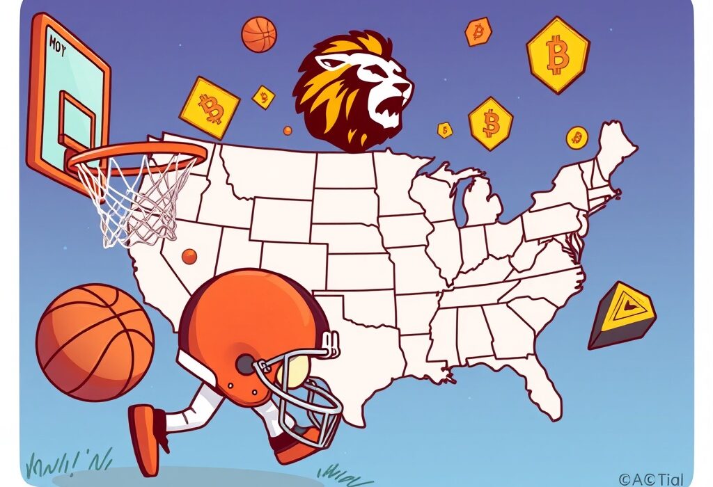 Cartoon illustration showing the launch of Crypto.com sports prediction service across 16 US states, merging sports and digital finance.