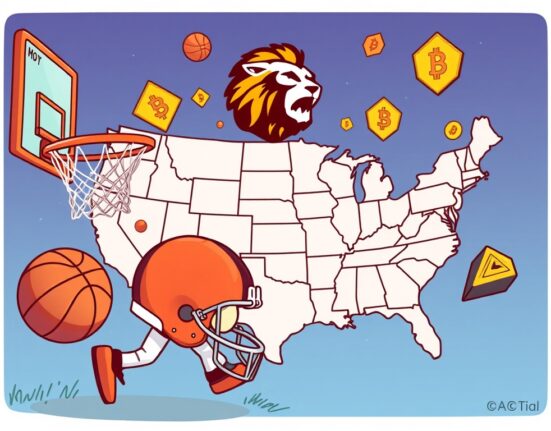 Cartoon illustration showing the launch of Crypto.com sports prediction service across 16 US states, merging sports and digital finance.