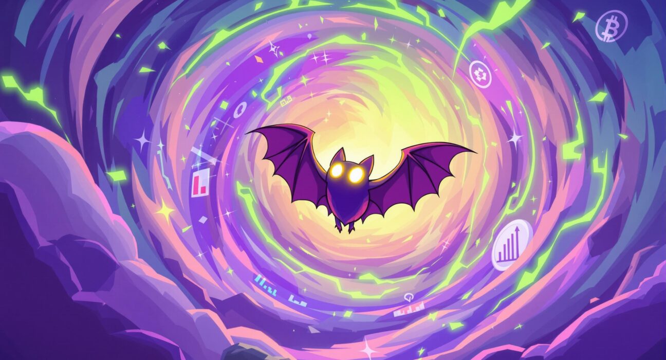 A vibrant cartoon illustration of a CryptoBat NFT surging dramatically, symbolizing the unexpected price increase of CryptoBatz NFTs.