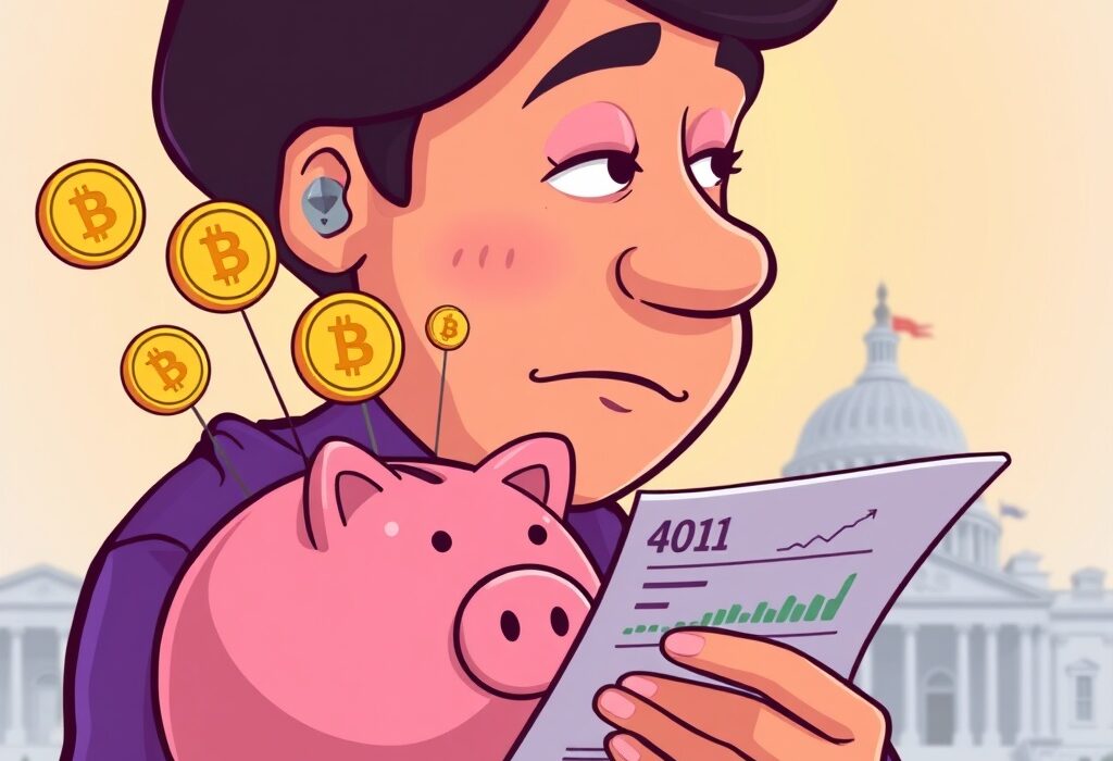 A person contemplating future retirement savings, with cryptocurrency in 401(k) symbols emerging, representing new investment opportunities.