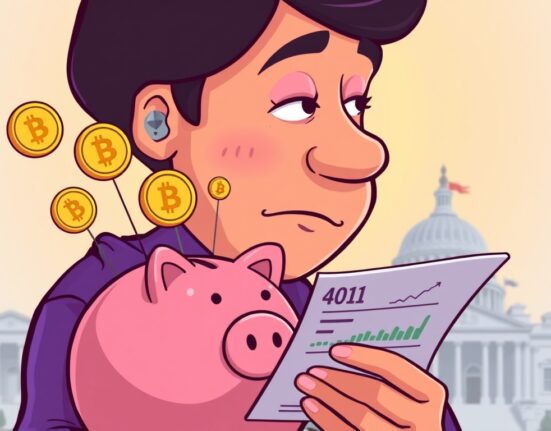 A person contemplating future retirement savings, with cryptocurrency in 401(k) symbols emerging, representing new investment opportunities.