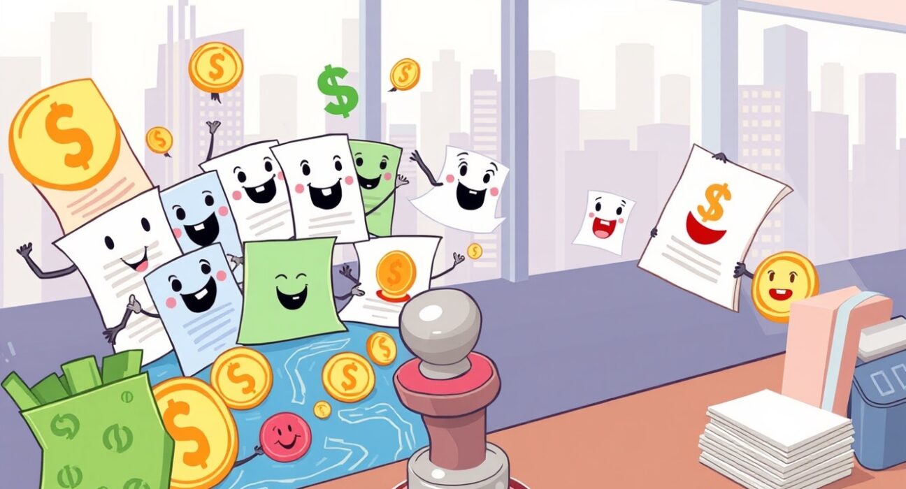 A vibrant cartoon illustrating the exciting pipeline of 124 cryptocurrency ETFs flowing toward approval.