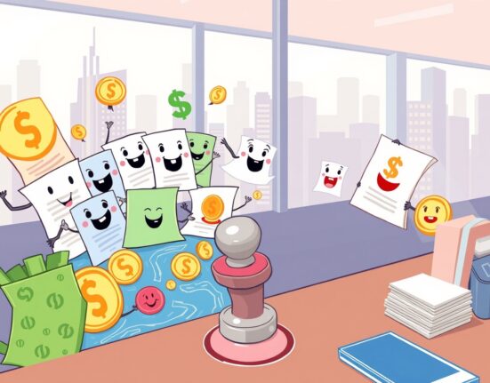 A vibrant cartoon illustrating the exciting pipeline of 124 cryptocurrency ETFs flowing toward approval.