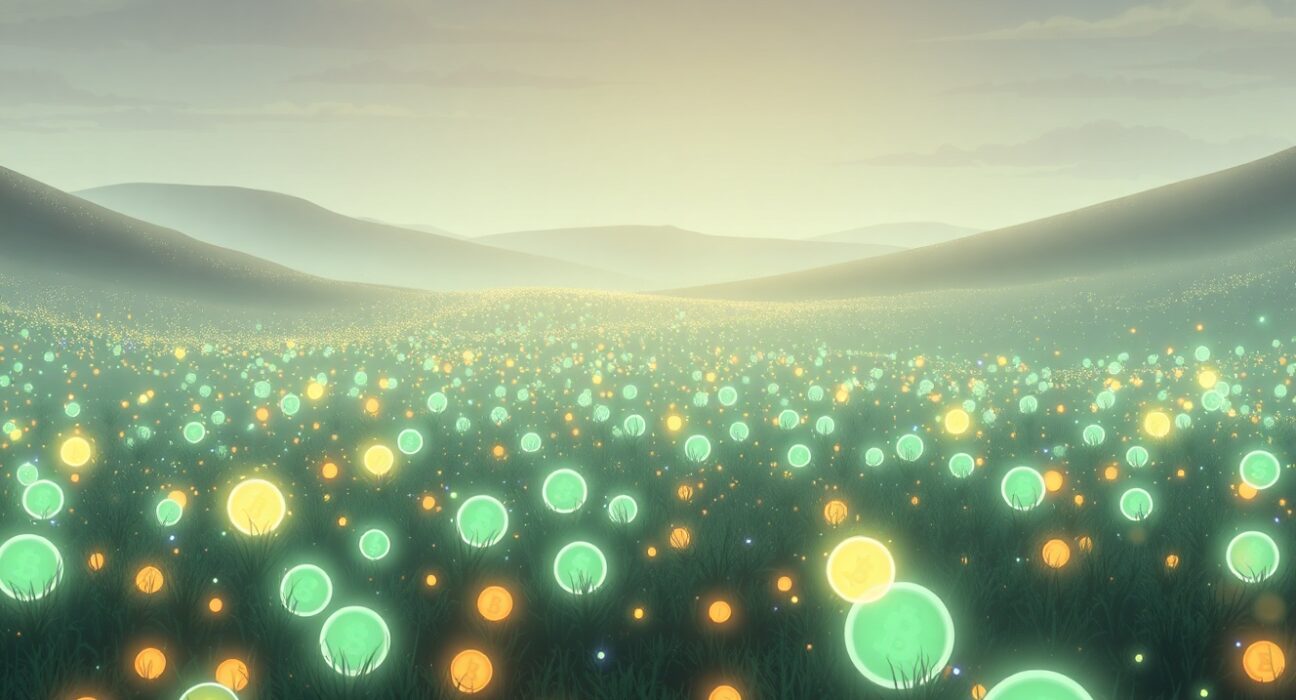 Visual metaphor for the high cryptocurrency failure rate showing digital tokens fading away.