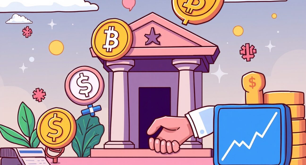 A cartoon showing cryptocurrency in finance, with digital assets flowing into traditional banking systems, symbolizing future integration.