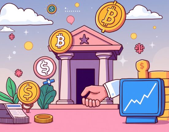 A cartoon showing cryptocurrency in finance, with digital assets flowing into traditional banking systems, symbolizing future integration.