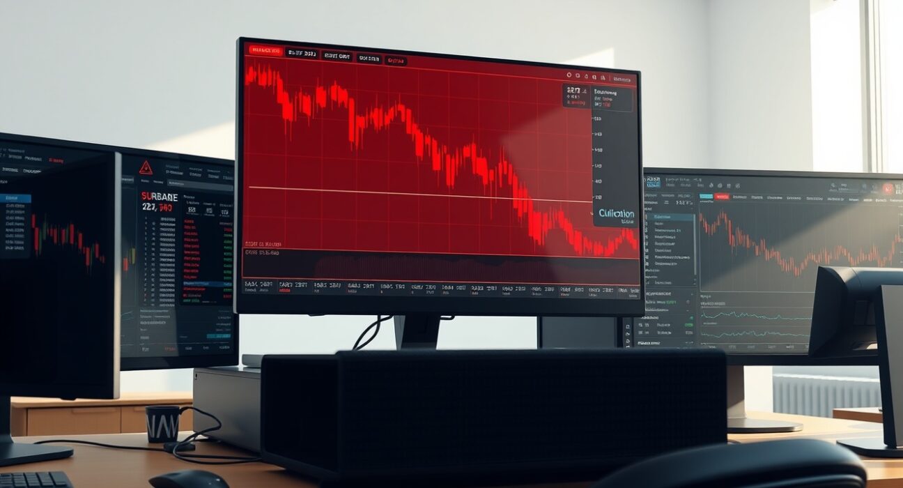 Cryptocurrency futures liquidation event showing dramatic market downturn on trading desk monitors
