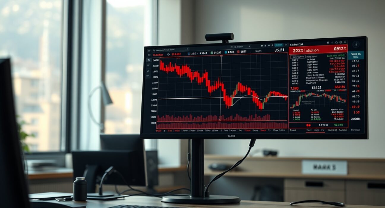 Cryptocurrency futures liquidation alert showing sharp market decline on trading desk monitors