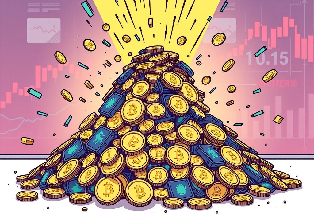 A cartoon image illustrating the rapid decline of crypto assets during massive cryptocurrency liquidations, highlighting market volatility.