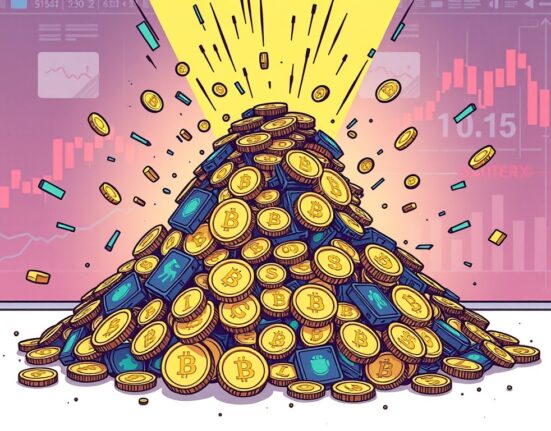 A cartoon image illustrating the rapid decline of crypto assets during massive cryptocurrency liquidations, highlighting market volatility.