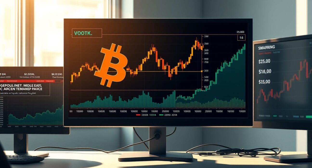 Cryptocurrency market analysis showing Bitcoin volatility amid geopolitical tensions and rising oil prices on trading desk monitors.
