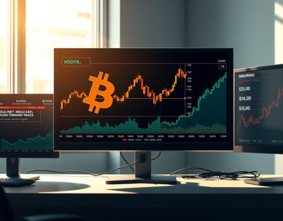 Cryptocurrency market analysis showing Bitcoin volatility amid geopolitical tensions and rising oil prices on trading desk monitors.