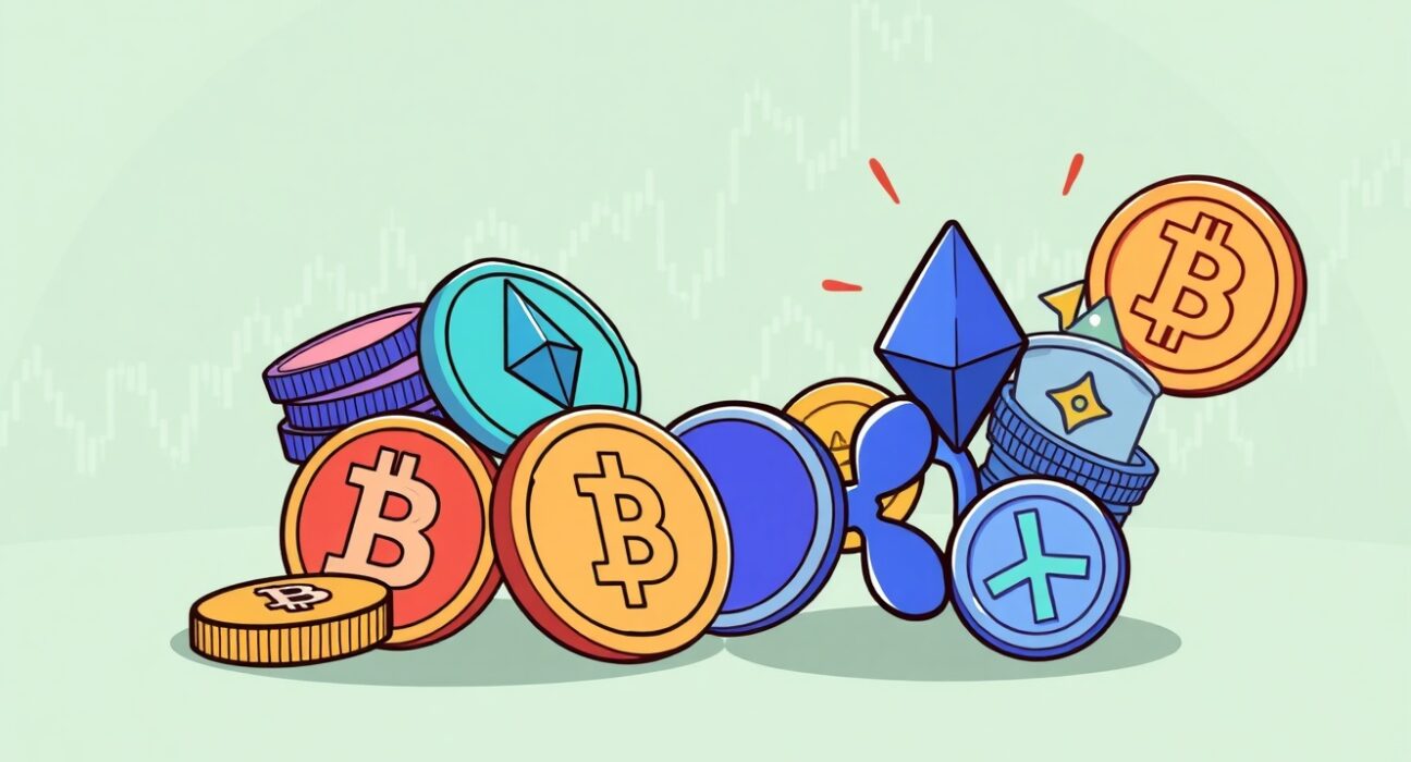 A cartoon illustrating a cryptocurrency market analysis, showing Bitcoin and Solana with waning speculative demand, while Ethereum and XRP show increased interest.