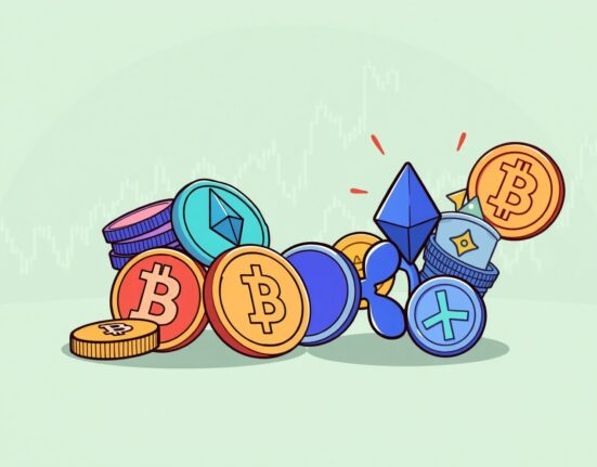 A cartoon illustrating a cryptocurrency market analysis, showing Bitcoin and Solana with waning speculative demand, while Ethereum and XRP show increased interest.