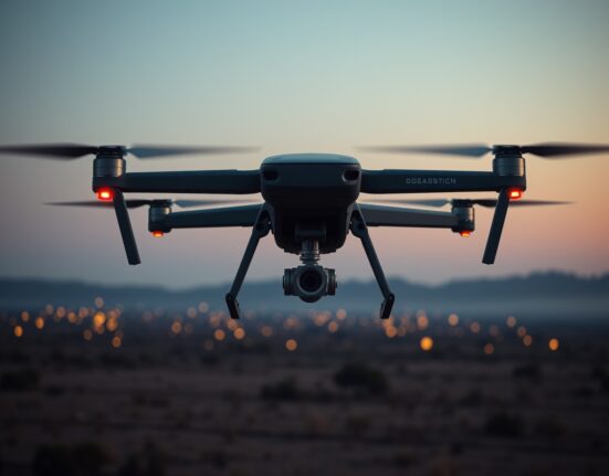 Military drone and blockchain imagery representing cryptocurrency funding for sanctioned weapons procurement.