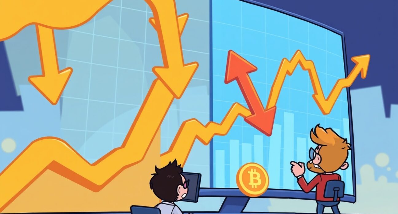 Cartoon illustration showing cryptocurrency moving averages signaling a major market downturn with falling charts