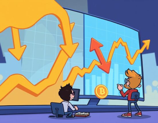 Cartoon illustration showing cryptocurrency moving averages signaling a major market downturn with falling charts