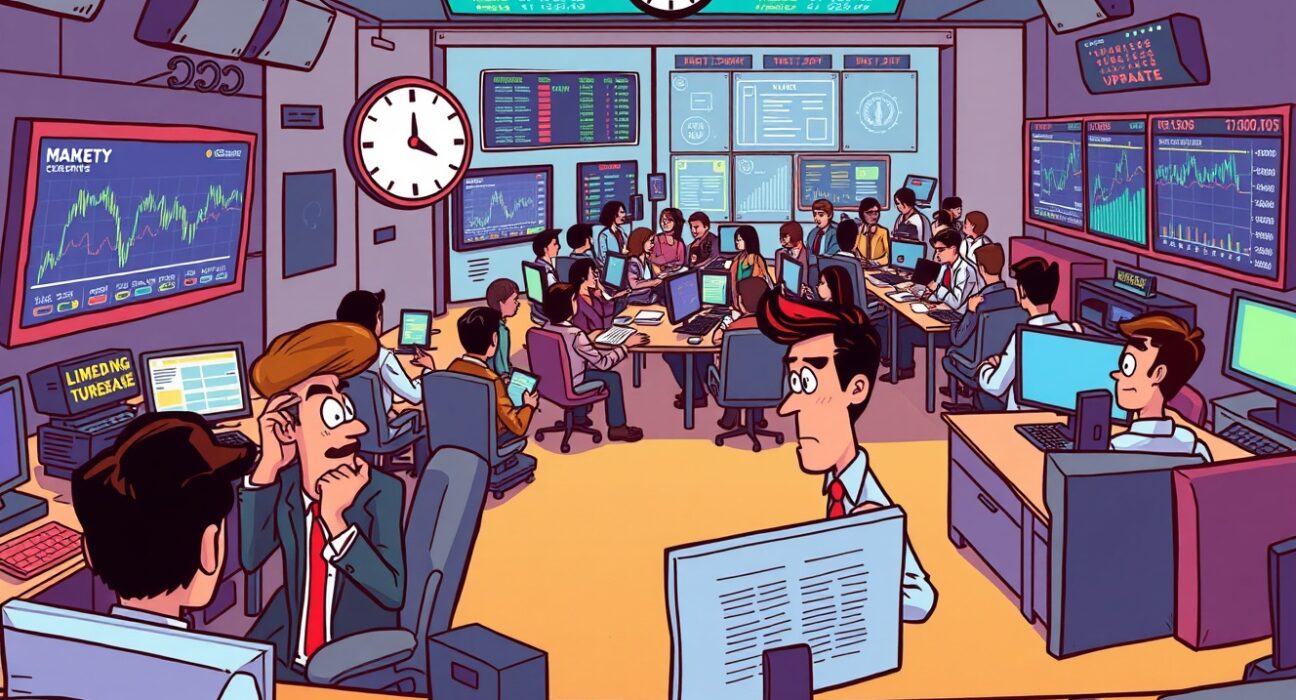 A cartoon illustration showing Bitcoin World's cryptocurrency news service operating on a weekend schedule, with some reporters focused on major events.