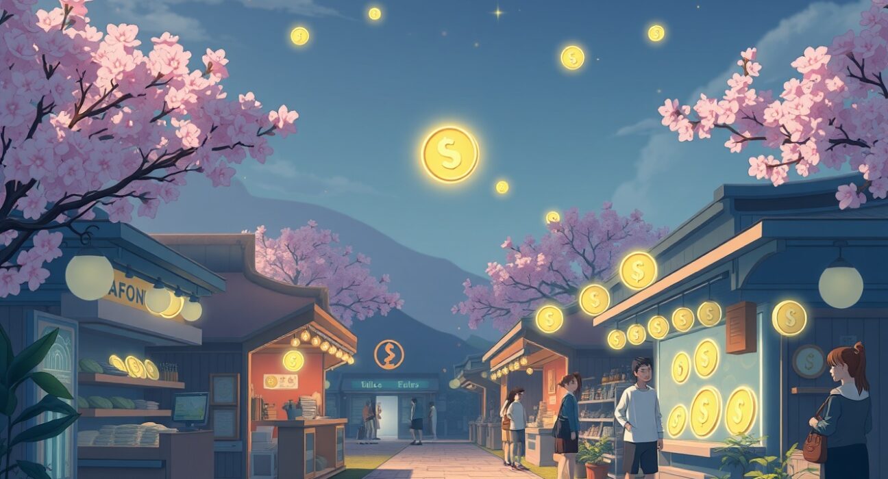 A Ghibli-style illustration symbolizing the future of seamless cryptocurrency payments in everyday commerce.