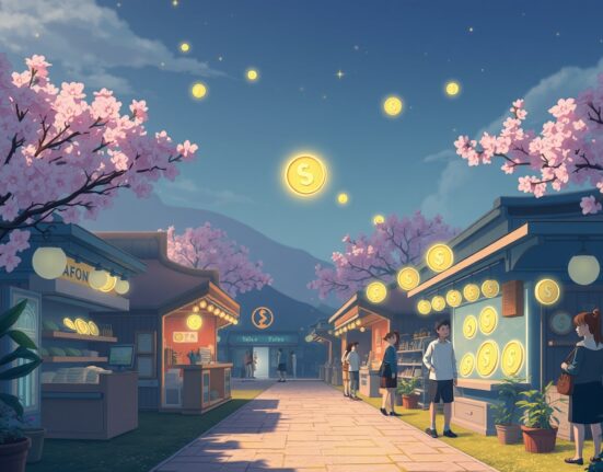 A Ghibli-style illustration symbolizing the future of seamless cryptocurrency payments in everyday commerce.