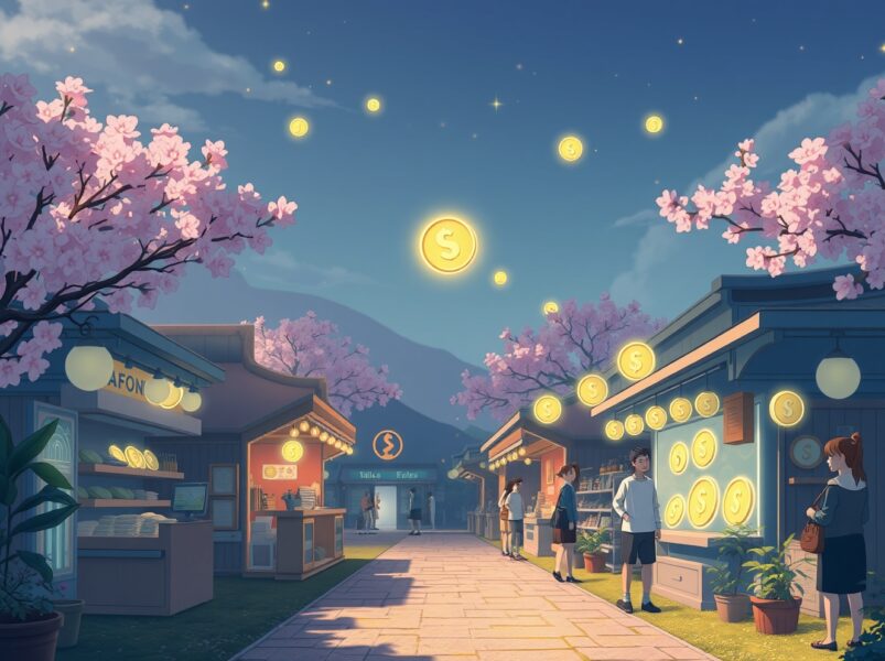 A Ghibli-style illustration symbolizing the future of seamless cryptocurrency payments in everyday commerce.