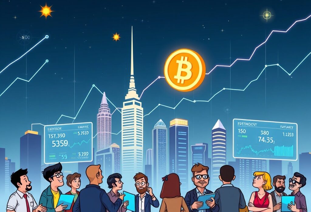 A vibrant cartoon illustrating the massive surge in cryptocurrency perpetual futures open interest, showing traders actively engaged with rising market data.