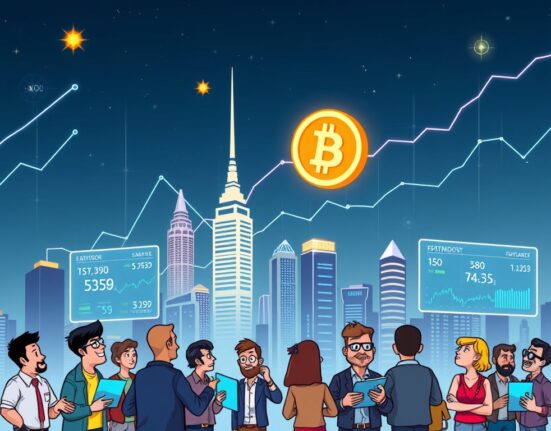 A vibrant cartoon illustrating the massive surge in cryptocurrency perpetual futures open interest, showing traders actively engaged with rising market data.