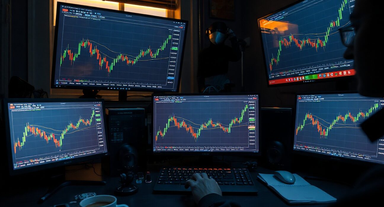 Cryptocurrency price charts on monitors at a trading desk during the Asian session