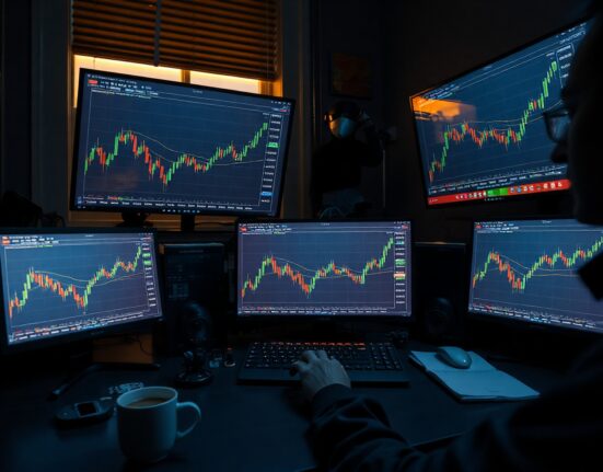 Cryptocurrency price charts on monitors at a trading desk during the Asian session