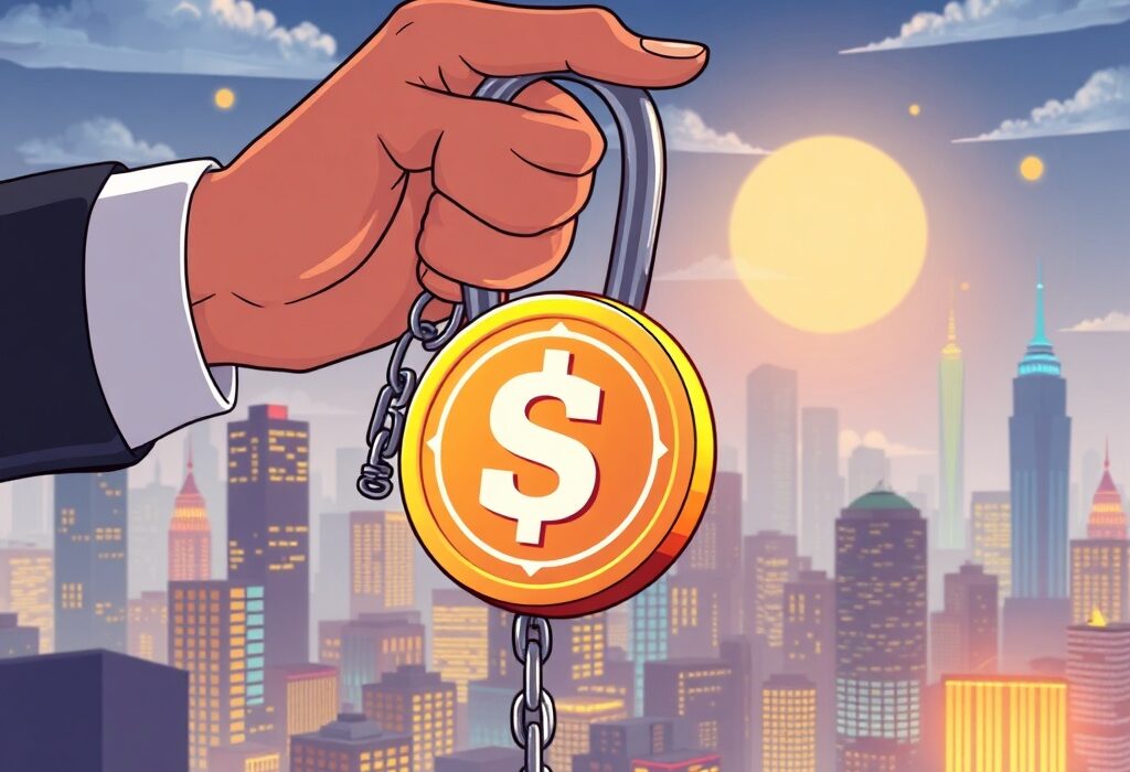 Cartoon illustration showing the SEC easing cryptocurrency regulations, symbolizing a new era of market freedom and innovation.